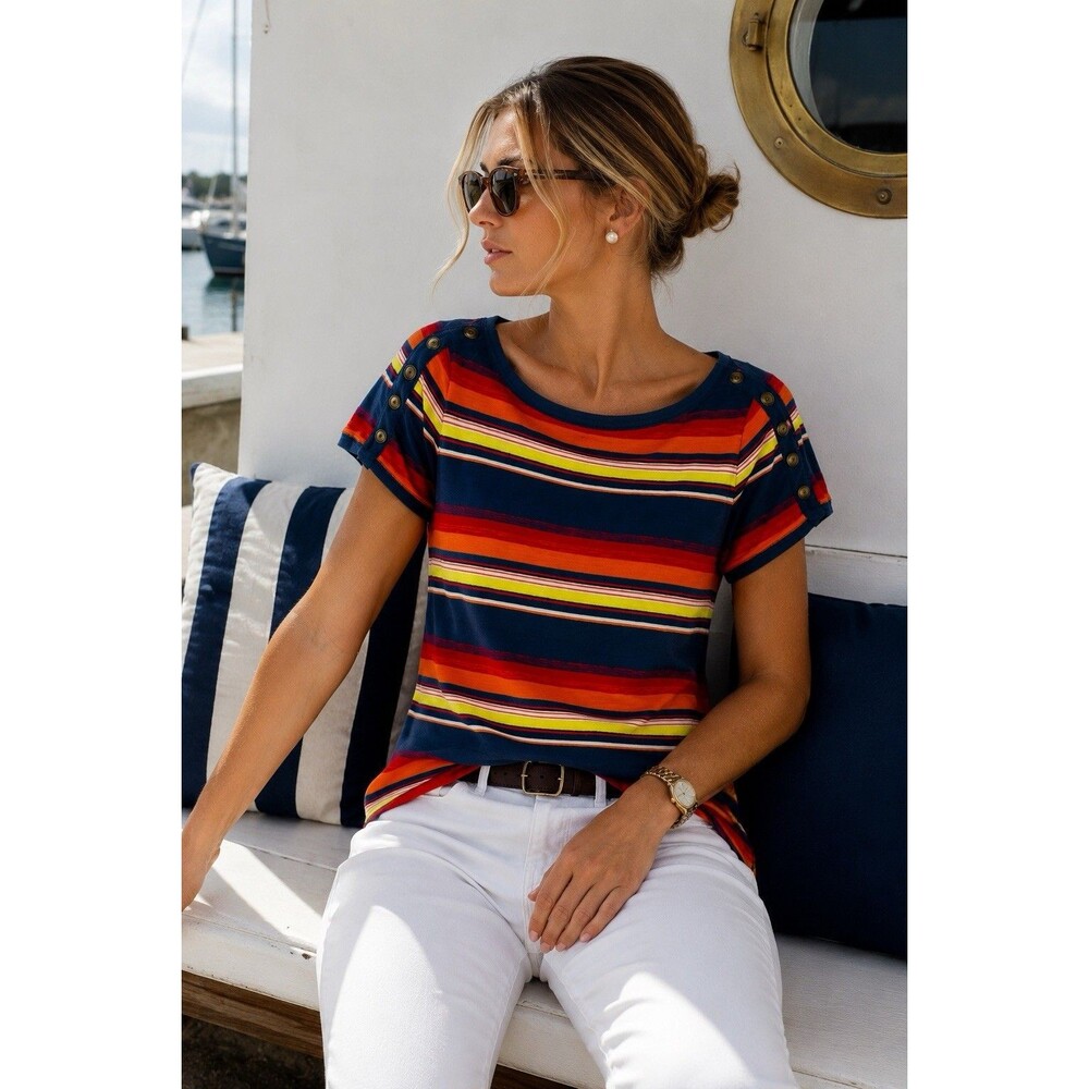 Lauren Ralph Lauren Striped Cotton Boat Neck Button Shoulder Top Women’s L